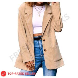 Corduroy Blazer Jacket Lapel Button Down Cropped Casual Work Outerwear